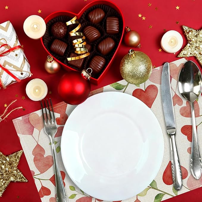 Valentine Placemats Set of 4, 12x18 Inch Floral Love Hearts Table Mats, Seasonal Anniversary Holiday Valentines Day Table Decorations for Kitchen Dining Home Party Decor
