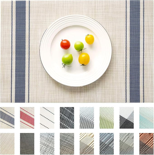 SUMYMERY Placemats Set of 4 Vinyl/Plastic Woven Place Mats for Kitchen Table Indoor/Outdoor Washable Placemat Wipeable Dining Table Mats (Khaki Blue,4)
