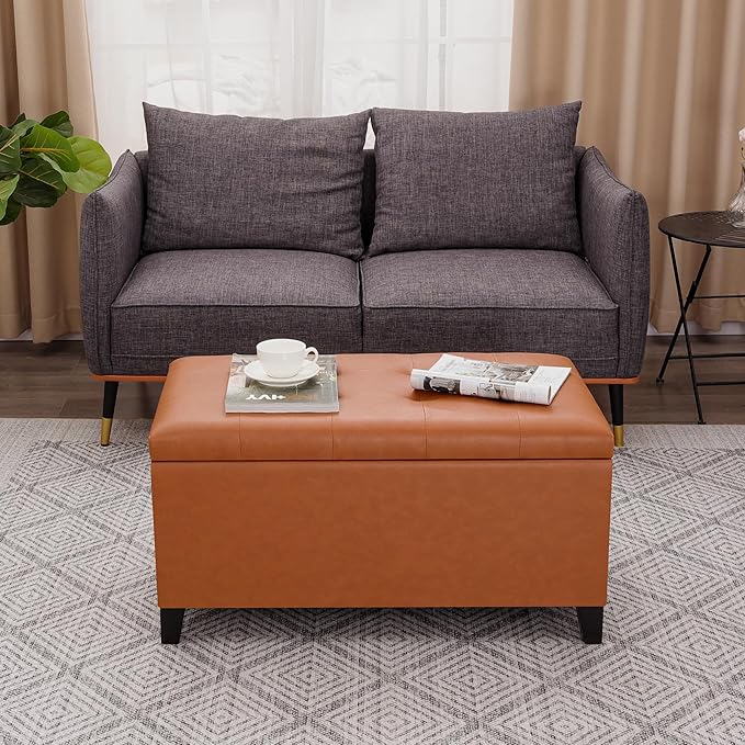 Asense Storage Ottoman Bench, Faux Leather Upholstered End of Bed Bench with Safety Hinge Wooden Legs, for Entryway Bedroom