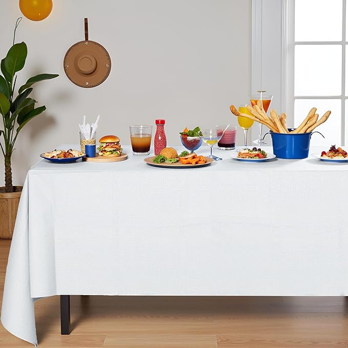 [6 Pack] White Paper Tablecloth Disposable for Rectangle Tables, 54 X 108 Inch Party Table Cover with Plastic Backing, Waterproof 3 Ply Table Cloth for Wedding Valentine's Day Parties