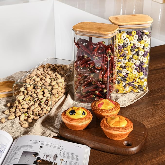 56oz Rectangle Airtight Glass Storage Containers with Bamboo Lids (Set of 4), Square Food Storage Jar, Pantry Organizers for Oats, Cereal, Pasta and Coffee beans (?럚ith Black Lable)