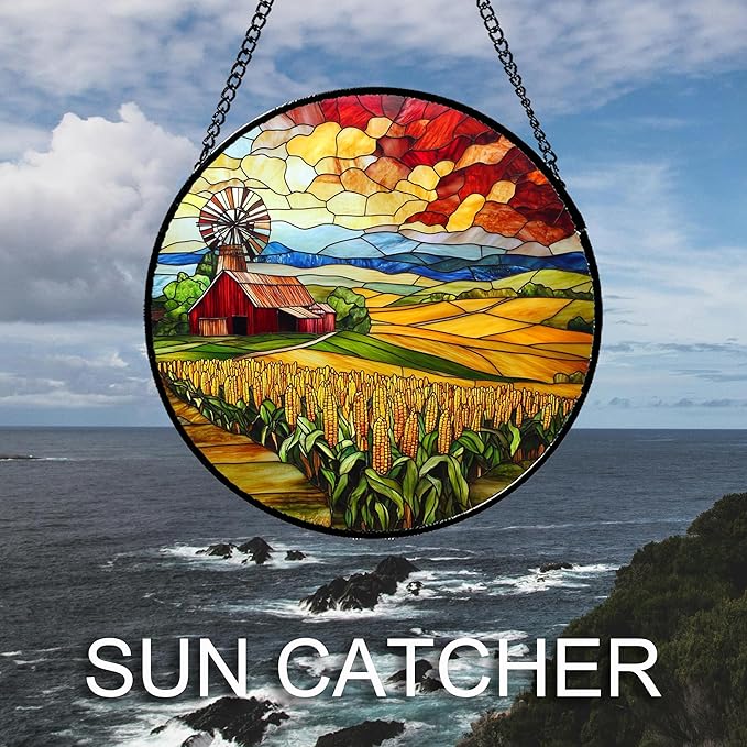 Stained Glass Window Hanging Autumn Farm Corn Harvest Landscape 6.3" - Suncatcher Garden Door Sun Catcher Home Decor Birthday Christmas for Woman Mom Friend Men Nana
