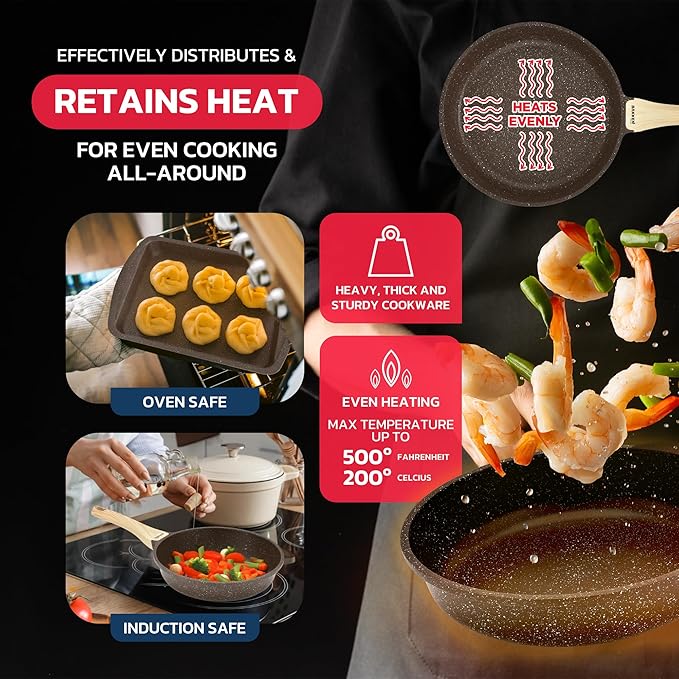 Bakken Master 20 Piece Cookware Set - Pots and Pans with Handle Grips and Tempered Glass Lids, With 6-piece Bakeware Set, Nonstick Granite Coating, Ceramic Max Temperature (Up To 500째F), Brown Marble