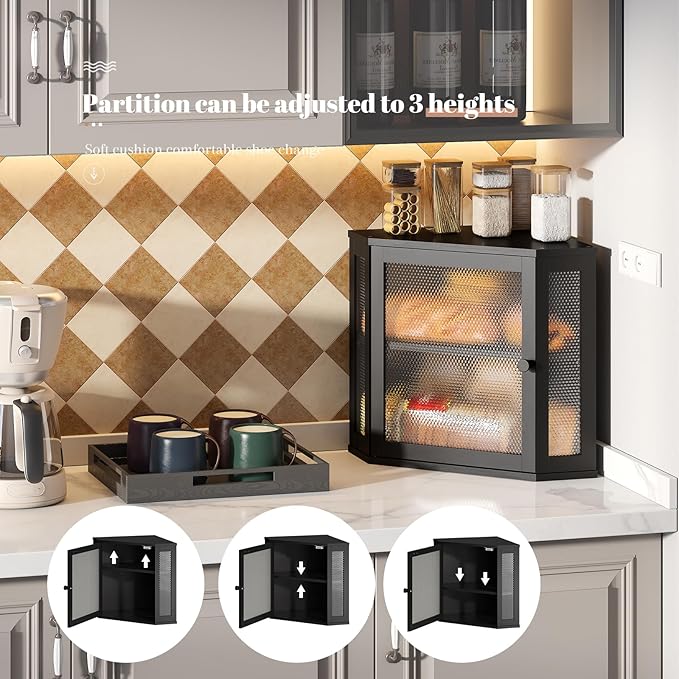 Corner Bread Box Kitchen Countertop Extra Large Capacity Farmhouse Bread Box, Corner Countertop Storage, Double Layer Bread Holder (Black, Large)
