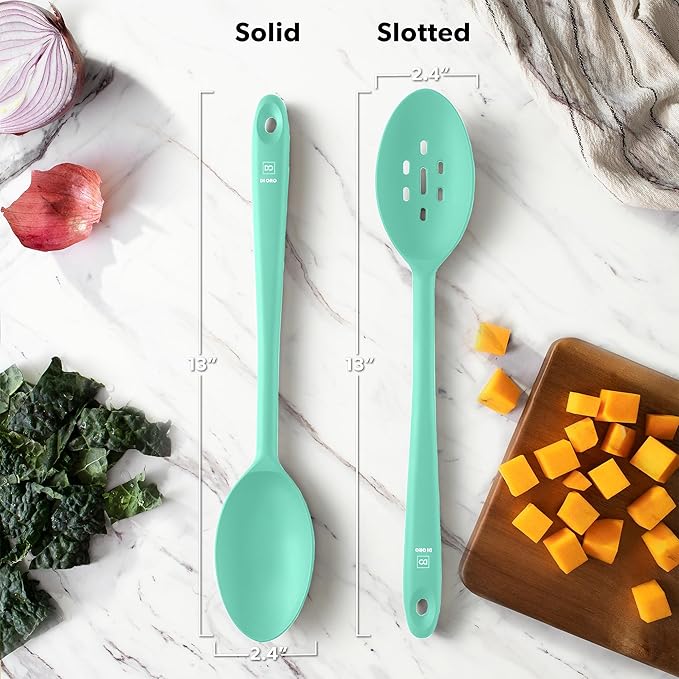 DI ORO Silicone Spoons for Cooking - Large Kitchen Spoons for Mixing, Serving, & Stirring - 600째F Heat-Resistant Non Stick Utensils ??Big Solid & Slotted Basting Spoons - Dishwasher Safe (2pc, Mint)