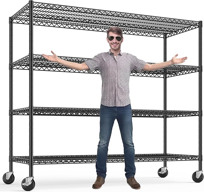 REIBII 75.6" H Storage Shelves Metal Shelving Unit with Wheels 55''W Garage Shelving Heavy Duty Wire Shelves for Storage Rack Adjustable Pantry Shelf Commercial Shelving,75.6" H X 55.5''W X 24" D