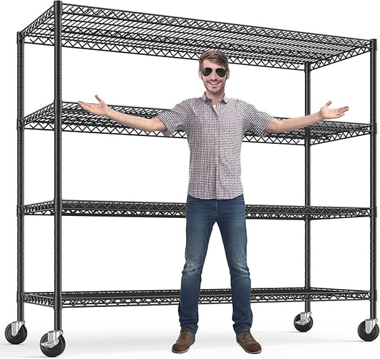 REIBII 75.6" H Storage Shelves Metal Shelving Unit with Wheels 55''W Garage Shelving Heavy Duty Wire Shelves for Storage Rack Adjustable Pantry Shelf Commercial Shelving,75.6" H X 55.5''W X 24" D