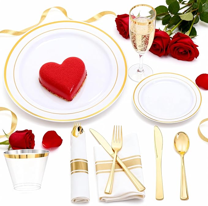 Elegant Wedding Disposable Plates Gold Dinnerware Sets for 25 or 50 Guests for Reception (175)