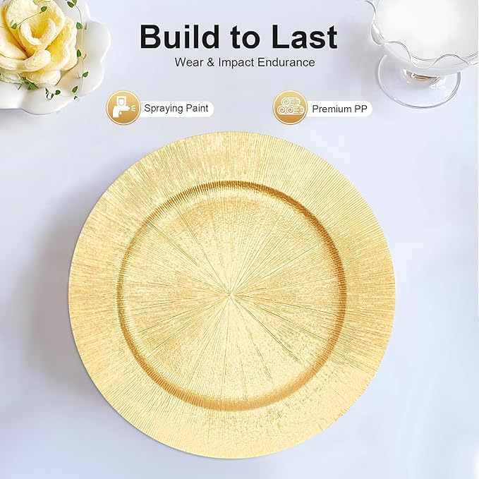 50pcs Gold Charger Plates, 13" Round Reusable Decorative Flower Relief Carving Bulk Chargers for Dinner Plates, Wedding, Bridal Shower