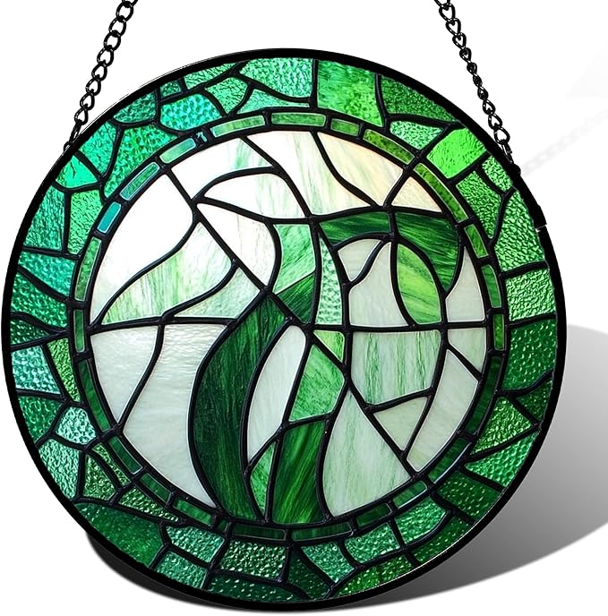 Stained Glass Window Hanging Abstract Green Plants 9.8" - Suncatcher Door Garden Sun Catcher Home Ireland Decor Birthday Mother's St Patrick's Day Gifts for Mom Men Woman Wife Friends