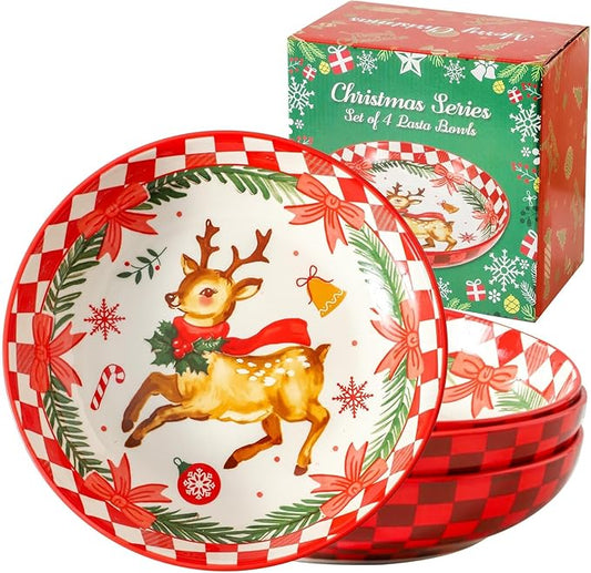 HASENSE Christmas Dishes,42OZ Pasta Bowl Set of 4, Ceramic Soup Bowl for Holiday Serving, Christmas Gifts for Women,Family, Friends,Seasonal Table D챕cor, and Winter Family Meals, Colorful