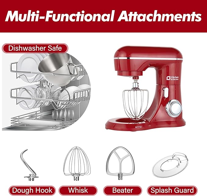 Kitchen in the box Stand Mixer, 6.5QT Electric Food Mixer, 10 Speeds 3-IN-1 Kitchen Mixer for Daily Use with Egg Whisk,Dough Hook,Flat Beater (Red, 6.5QT)
