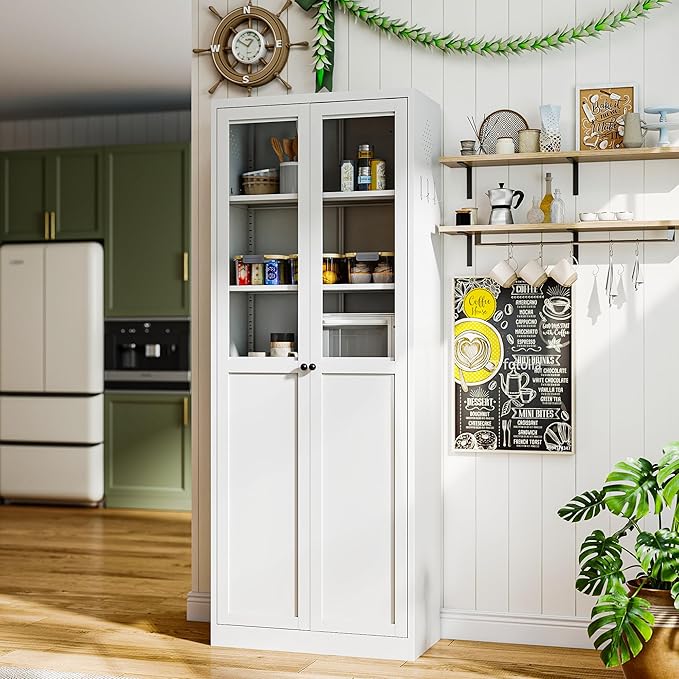 Metal Pantry Cabinet with Doors and 5 Adjustable Shelves, 72" Tall Kitchen Cupboard Storage Cabinets for Kitchen Dining Room Living Room Bathroom,Assembly Required (White)