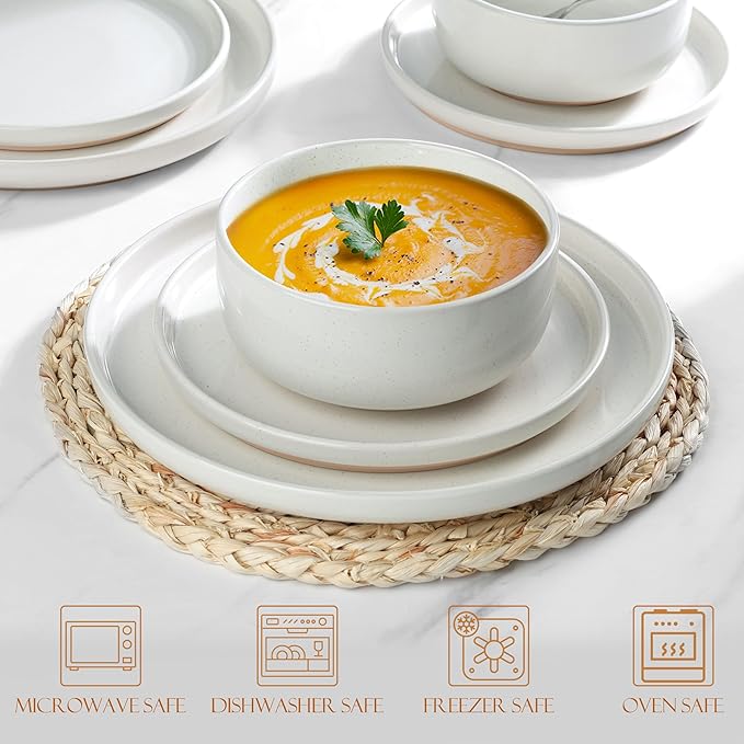 LIANYU 32PC Dinnerware Sets with Silverware for 4, Stoneware Plates and Bowls Dish Set, Stainless Steel Square Flatware Cutlery, Kitchen Dining Dishware, Microwave & Dishwasher Safe, Snowy White