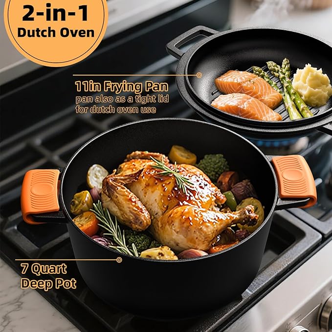 2-in-1 Pre-Seasoned Cast Iron Double Dutch Oven Pot with Skillet Lid & Silicone Sleeves ??Raised Rib Skillet Lid??Umite Chef 7QT Cast Iron Skillet Cookware Pan Set wirh Dual Handles ??Oven, Grill, Campfire & Stovetop Safe ?밣FAS-Free