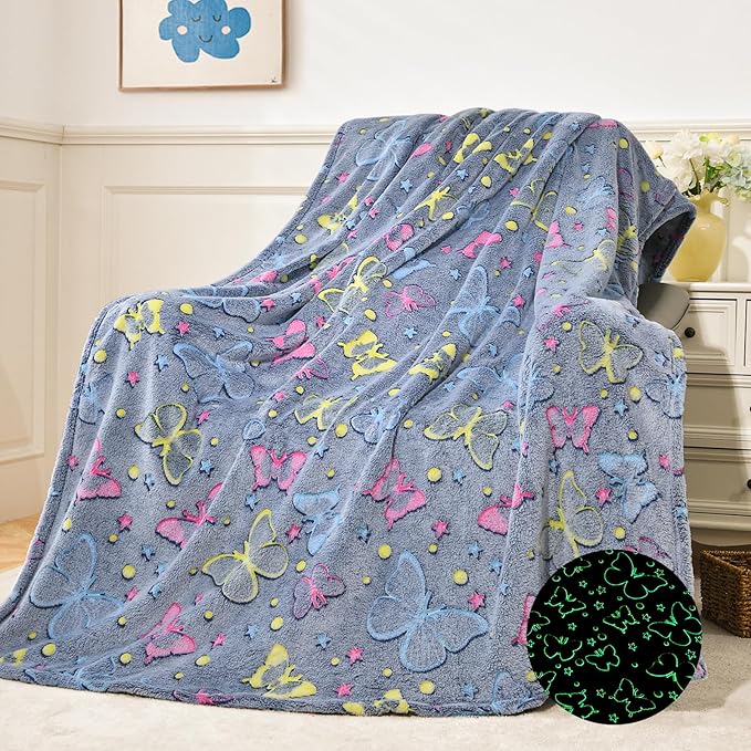 QSTEHEML Butterfly Glow in The Dark Blanket,Butterfly Gifts Toys for Kids Girls Age 3-12 Years Old, Birthday, for Daughter, Toddler, Teen, and Grandkids Soft Throw 50"횞60"