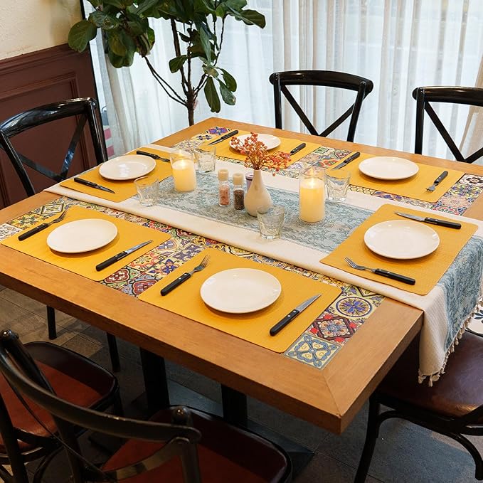 PROMATTOO Faux Leather Placemats Set of 6 – 17x12 Inch Vinyl Table Mats, Heat Resistant, Non Slip, Wipeable & Washable, Easy to Clean Dining Table Decor for Kitchen & Dining Room（Golden Yellow）