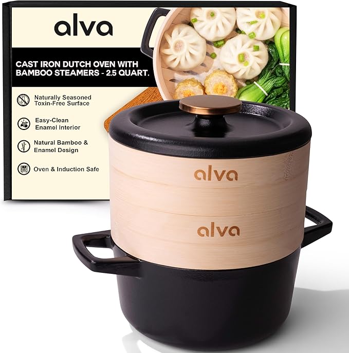 Alva Nori 2.5-Qt Enameled Cast Iron Dutch Oven Steamer Set ??Made With No PTFE/PFOA/PFAS, Oven & Induction Safe ??3-Layer Enamel, No Seasoning Needed ??Durable, Easy-Clean Cocotte with 2 Steamer Inserts