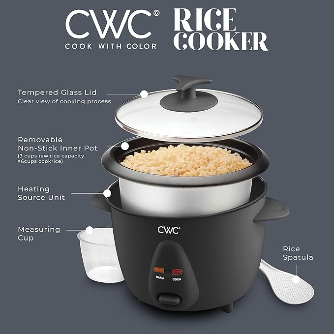 COOK WITH COLOR 6 Cup Rice Cooker 300W - Effortless Cooking and Perfectly, Cooks 3 Cups of Raw Rice for 6 Cups of Cooked Rice, Black