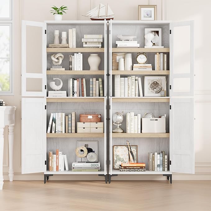 IDEALHOUSE Tall Storage Cabinet with Glass Doors, 71" Height, Adjustable Shelf, Light Oak Wood, Multi-Purpose Organizer for Kitchen Pantry and Bathroom (Oak White, 4 Doors with Glass)
