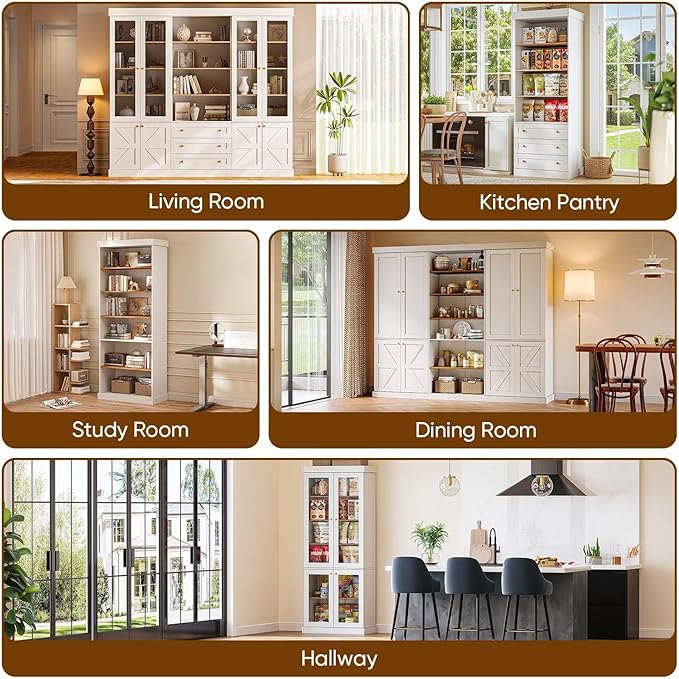 Vyre 70.8" Tall White Bookshelf with Doors, Farmhouse Modular Bookcase with 4-Tier Adjustable Shelves, Large Storage Cabinet for Home Office, Living Room, Set of 4