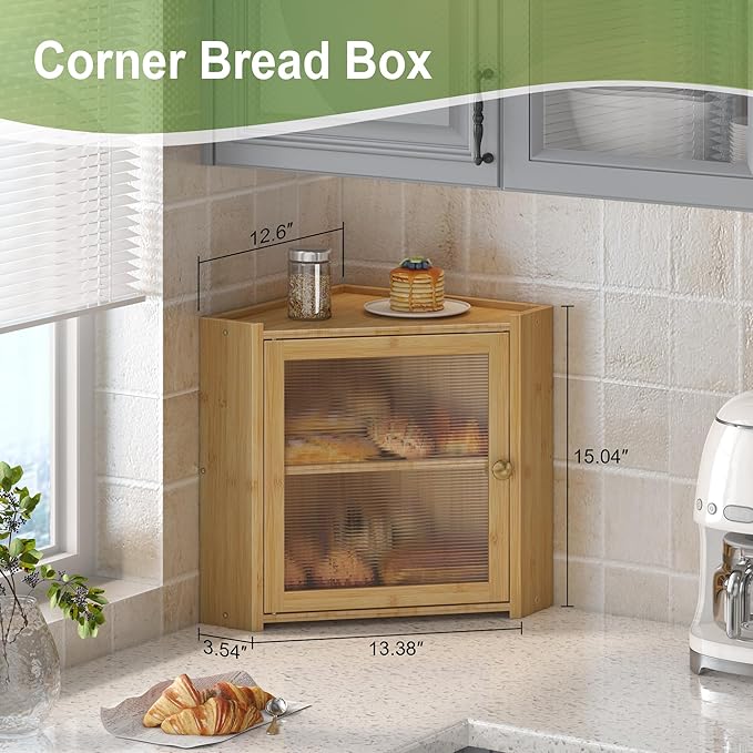 Corner Bread Box for Kitchen Countertop, Large Bread Container Storage Vintage Wooden Farmhouse Bread Box with Window for Homemade Bread Holder (Bamboo)