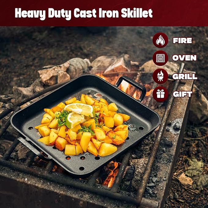 onlyfire Cast Iron Skillet, 12 Inch Pre-Seasoned Square Steak Pan with Nonstick Perforated Grill Surface and Dual Handles, Cast Iron Grill Pan Frying Pan for Grill, Oven and Stovetops