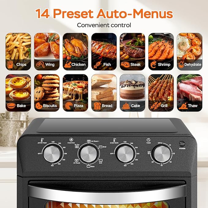 27.5QT 6-in-1 Air Fryer Toaster Oven Extra Large Dropdown-Door 6-Slice Convection Oven for Air Frying, Baking, Roasting, Broiling & Grilling, Stainless Steel Housing, Black