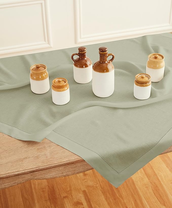 Solino Home Sage Green Linen Tablecloth 52 x 52 Inch - 100% Pure Linen Square Table Throw - Classic Hemstitch, Machine Washable Table Cloth for Winter, Spring, Easter, St Patricks Day