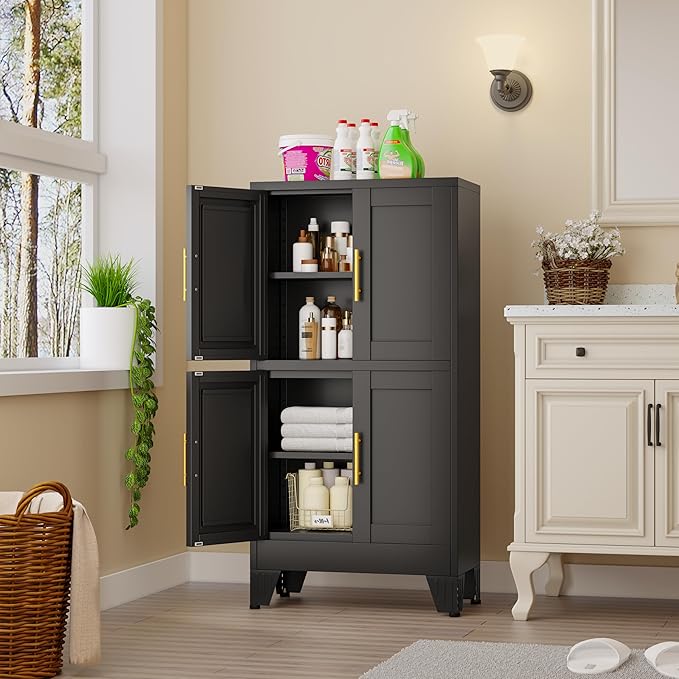Metal Bathroom Storage Cabinet,Freestanding Bathroom Cabinet with 4 Doors and Adjustable Shelves,Bathroom Storage Organizer Unit,Floor Cupboard for Laundry Room,Kitchen, Living Room, Entryway（Black）