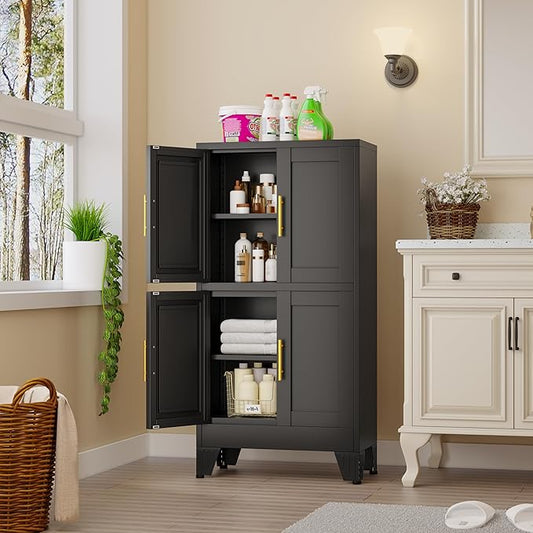 Metal Bathroom Storage Cabinet,Freestanding Bathroom Cabinet with 4 Doors and Adjustable Shelves,Bathroom Storage Organizer Unit,Floor Cupboard for Laundry Room,Kitchen, Living Room, Entryway（Black）