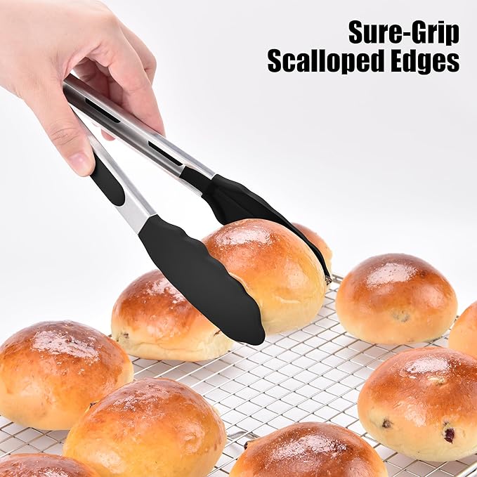 Doosu Kitchen Tongs for Cooking - 600째F Heat Resistant Food Tong with Non-Scratch Silicone Tips, Heavy Duty Stainless Steel Locking Tong for BBQ, Grilling Steak, Serving Salad, Pasta (9in, Black)