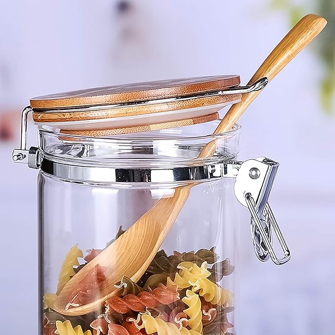 Le'raze Set of 5 Borosilicate Glass Food Storage Canisters with Airtight Bamboo Clamp Lid, Kitchen Bathroom and Pantry Organization Containers, Cookie Jars for Flour
