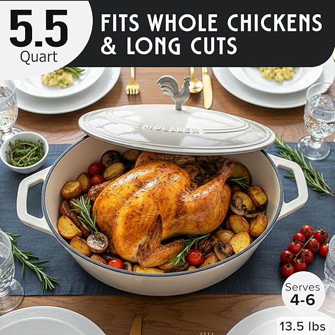 MUELLER HOME 5.5 Quart Enameled Cast Iron Oval Dutch Oven with Rooster Knob & Cotton Potholders, Heavy-Duty Cookware, Oven-Safe up to 500째 F & Across All Cooktops, Gifts for Grandma & Women, White