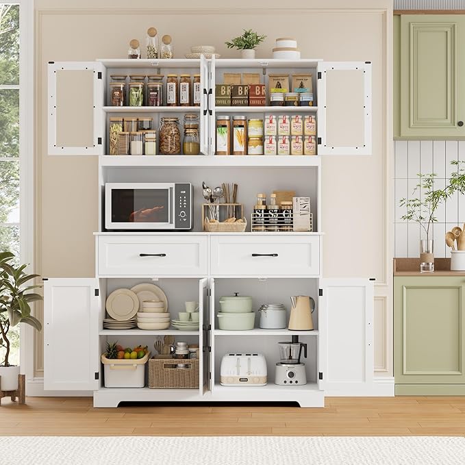 Pantry Storage Cabinet with Microwave Stand, 71" Tall Kitchen Hutch, Large White Pantry Cabinet with Glass Doors for Dining Room