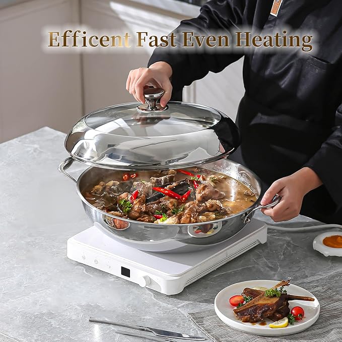 DELARLO Tri-Ply Stainless Steel Wok Pan with Lid 14inch, Healthy Non-Toxic Flat Bottom Induction Wok, Stir Fry Pan for Glass Top Stove Up to 600℉