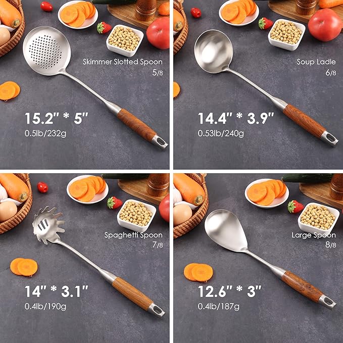 18/10 Stainless Steel Kitchen Utensils Set with Wood Handle - 15?쒶etal Cooking Tools & Serving Utensil, 8-Pieces Cooking Spoons Set - Spatula, Ladle, Skimmer, Turner, Pasta, Solid Spoon, Slotted Spoon
