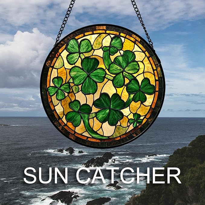 Stained Glass Window Hanging Green Retro Lucky Clover Large 15" - Suncatcher Door Garden Sun Catcher Ireland Decor Birthday Mother's St. Ripack's Day Gift for Woman Mom Men Friend Nana Wife