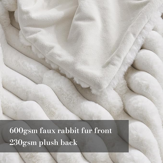 Am챕lie Home Faux Fur Throw Blanket for Couch, Cozy Fuzzy Fluffy Fur Luxurious Soft Striped Plush Gift Blankets for Family Sofa Chair Bedroom, 55"x70", Ivory