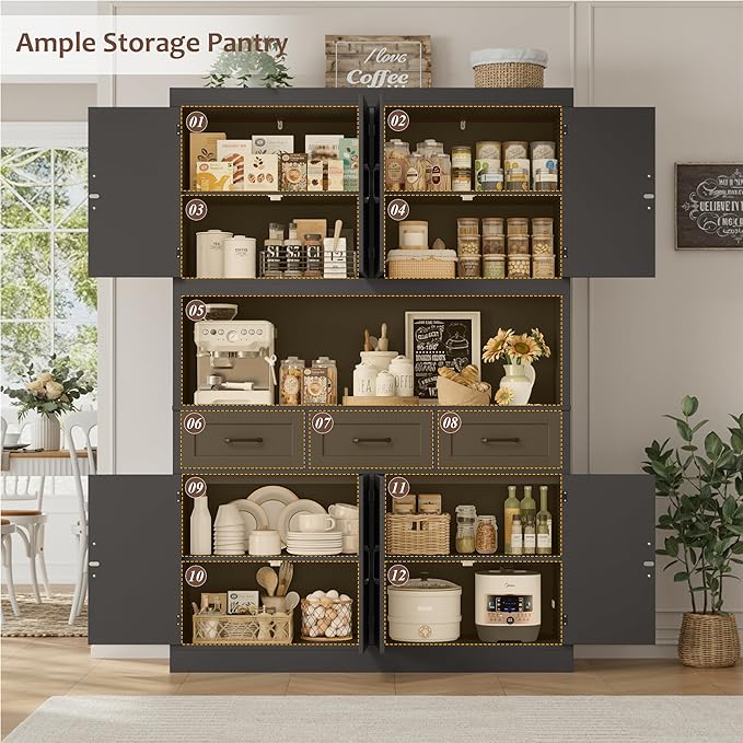 HITHOS 76" Tall Kitchen Pantry Storage Cabinet, 55??Wide Kitchen Hutch Cabinet with Storage Drawers, Large Food Pantry with Microwave Stand, Modern Cupboard with Hutch for Dining Living Room, Black