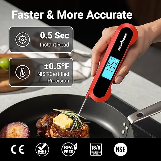 Professional 0.5 Sec Instant Read Meat Thermometer Digital, NIST Certified 짹0.5??Accuracy, Auto Rotate Large LCD Display, Highly Waterproof Cooking Thermometer for Baking Grill BBQ Smoker Oven, Red