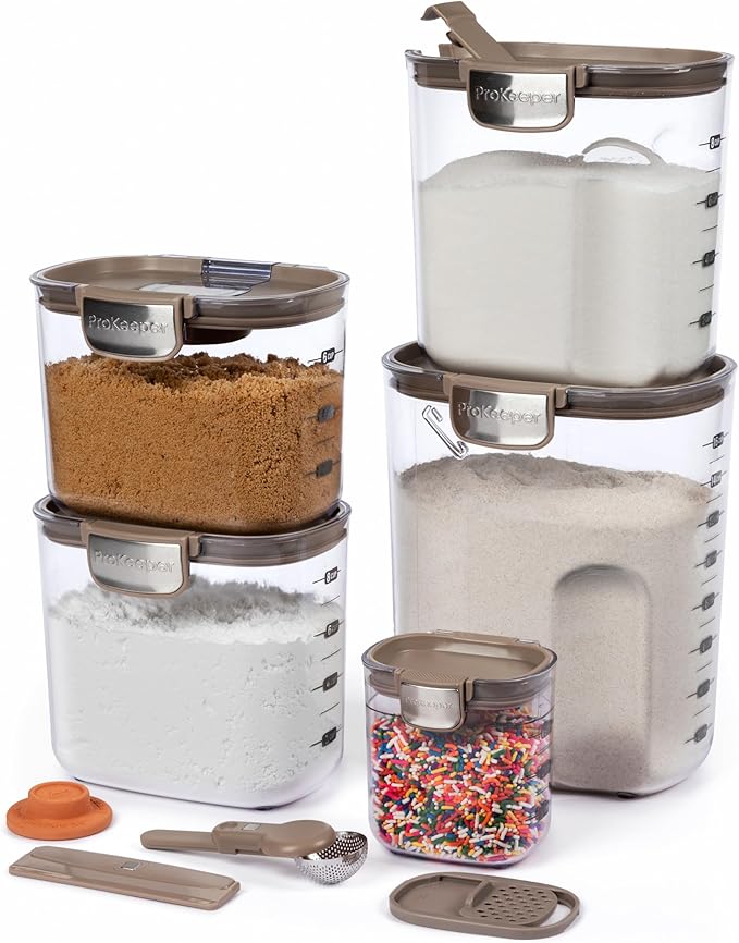 ProKeeper+ Airtight Food Storage Container Set ??Clear Plastic Flour and Sugar Canister Set with Magnetic Accessories for Kitchen Organization (Taupe, 9-Piece)
