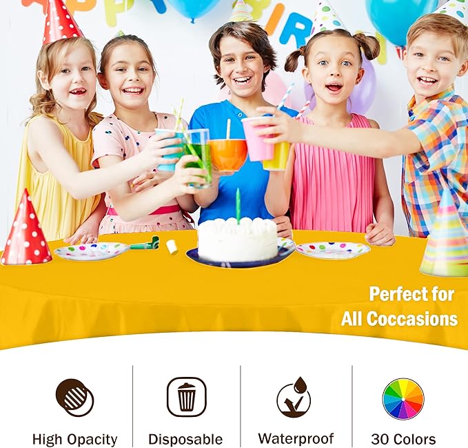 Party Solids 6-Pack Premium Plastic Tablecloth 84in. Round Plastic Table Cover - Yellow