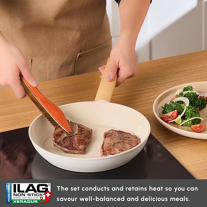 Karaca Swiss Crystal Almond 7-Piece Induction Non-Stick Cookware Set ??Cream, PFAS-Free SwissCrystal Coating
