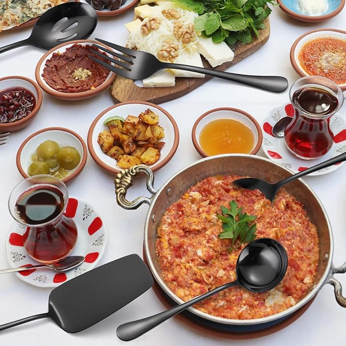 A 쨌 HOUSEWAR Black Flatware Serving Set 7 Piece Stainless Steel Catering Utensils include Soup Ladle Large Slotted Spoon Big Server Fork12??Cake Knife Pizza Spatula Parties Buffet