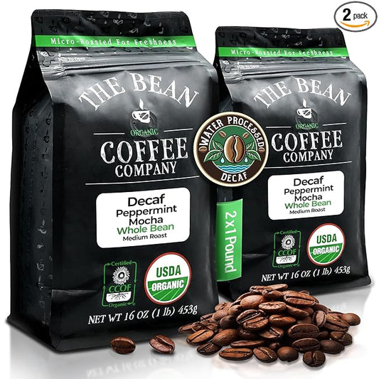 The Bean Organic Coffee Company Water Processed DECAF Peppermint Mocha, Medium Roast, Whole Bean Coffee, 16-Ounce Bags (Pack of 2)
