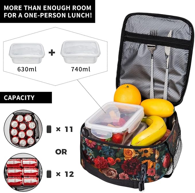 VANZEV Colorful Elegant Floral Print Insulated Lunch Box Gifts for Kids Adults Vibrant Flower Design Reusable Portable Lunchbox Cooler Lunchbag for Work Picnic School Travel or Hiking