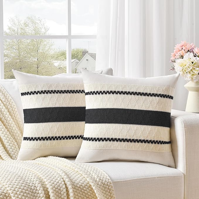 Fancy Homi Set of 2 Boho Black Decorative Throw Pillow Cover 16x16 Inch for Couch Bed Sofa, Aesthetic Modern Organic Farmhouse Home Decor, Soft Cotton Cute Accent Macrame Woven Cushion Case