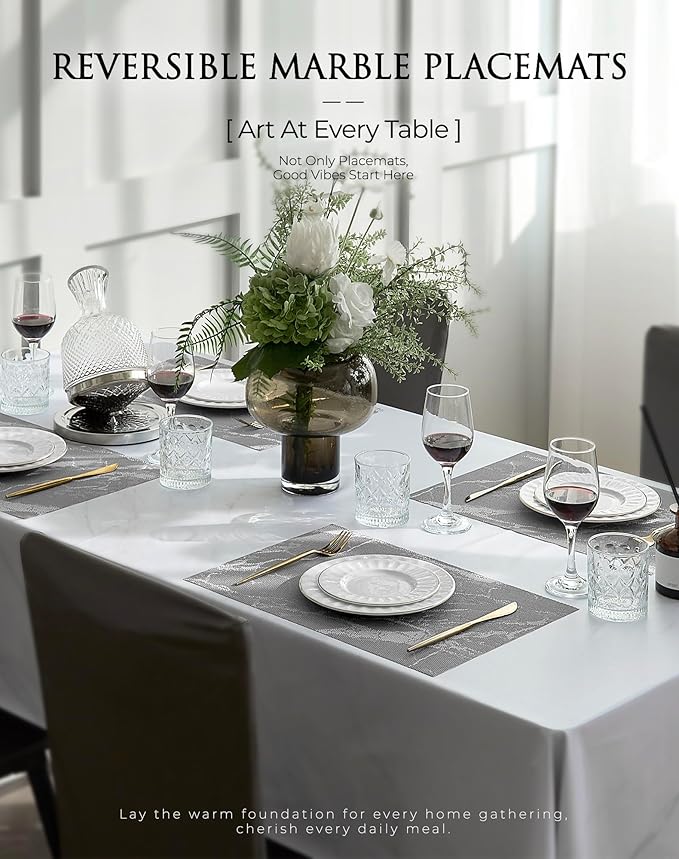 Leetaltree Reversible Marble Placemats Set of 12 ??Ships Flat and Stays Flat, Durable Washable Vinyl PVC Placemats, Heat Resistant, Easy Wipe Clean (Gray Marble Pattern)