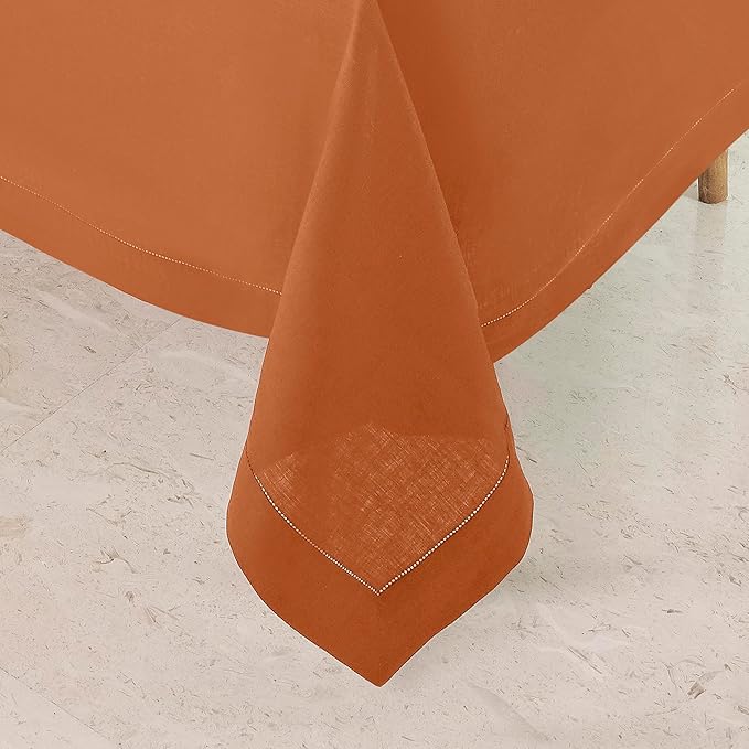 D'Moksha Homes Rust Linen Tablecloth for Rectangle Tables 60 x 132 Inch - 100% Pure Linen Rust Table Cloth - Classic Hemstitch, Machine Washable Dining Tablecloth for Spring, Easter